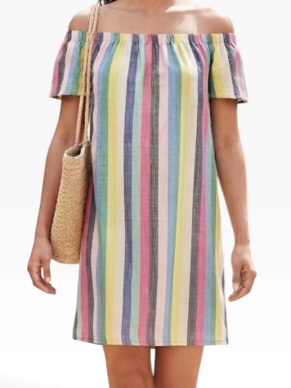 J. Crew Factory Muti-Rainbow Stripe Cotton Off-Shoulder Short Sleeve Mini Dress